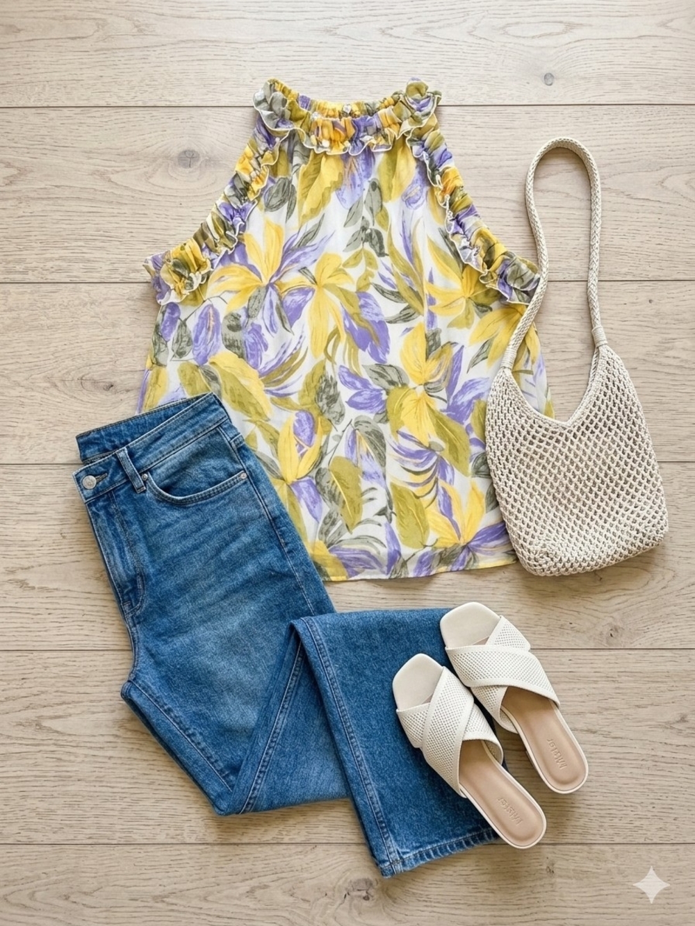 ENTRO - BUTTER YELLOW and Lavender Floral Ruffle Halter Tank Top - Boutique